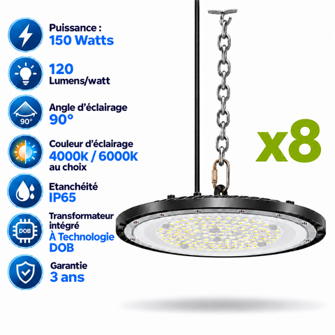 Pack de 8x Lampes industrielles UFO - Série DIAMANT ECO à technologie DOB - 150 Watts - 18 000 Lumens - 120 Lumens/Watt - Angle 90° - IP65 - 29 x 9 cm - 4000K/6000K au choix - Garantie 3 ans