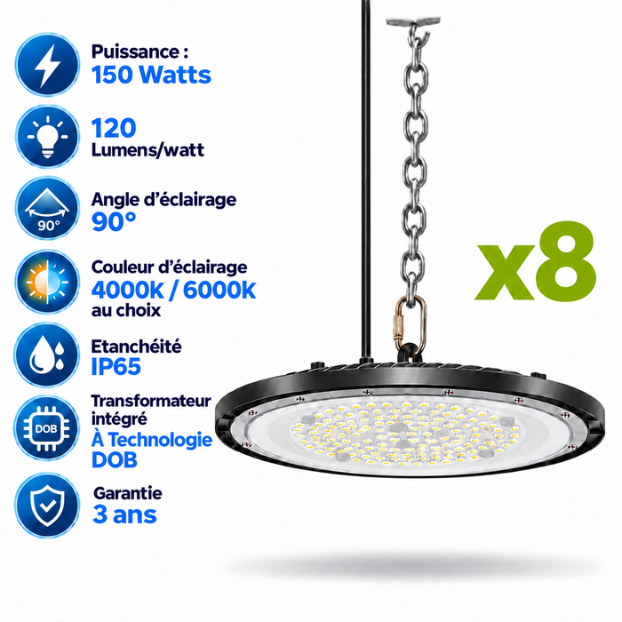 Pack de 8x Lampes industrielles UFO - Série DIAMANT ECO à technologie DOB - 150 Watts - 18 000 Lumens - 120 Lumens/Watt - Angle 90° - IP65 - 29 x 9 cm - 4000K/6000K au choix - Garantie 3 ans