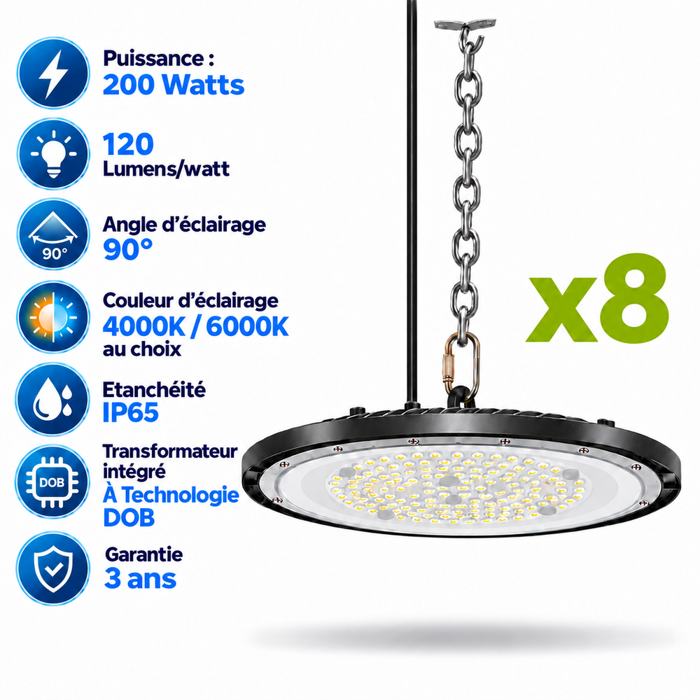 Pack de 8x Lampes industrielles UFO - Série DIAMANT ECO à technologie DOB - 200 Watts - 24 000 Lumens - 120 Lumens/Watt - Angle 90° - IP65 - 36 x 3 cm - 4000K/6000K au choix - Garantie 3 ans