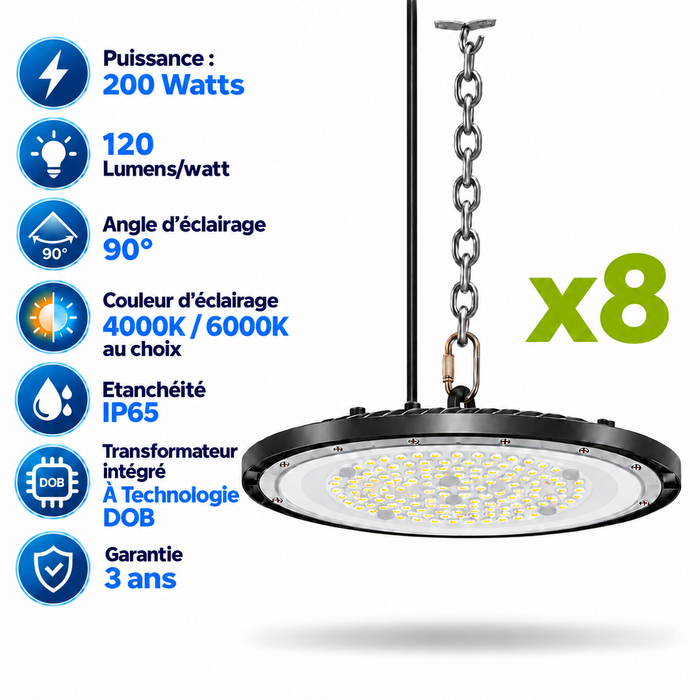 Pack de 8x Lampes industrielles UFO - Série DIAMANT ECO à technologie DOB - 200 Watts - 24 000 Lumens - 120 Lumens/Watt - Angle 90° - IP65 - 36 x 3 cm - 4000K/6000K au choix - Garantie 3 ans