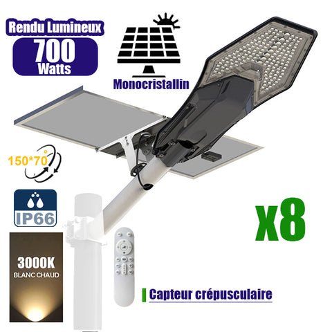 Pack de 8x Lampes de rue solaires - Série INTERSTELLAR ELITE 700 Watts - 4800 Lumens - Angle 150*70° - IP66 - Lampe 65 x 32 x 10 cm - Panneau MONO 70 x 35 x 2 cm - Contrôleur intelligent - Avec télécommande - 3000k - Support inclus - Capteur crépusculaire