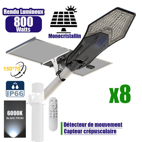 Pack de 8x Lampes de rue solaires - Série INTERSTELLAR ELITE PIR - 800 Watts - 5600 Lumens - Angle 150*70° - IP66 - Lampe 75 x 34 x 10 cm - Panneau 67 x 45 x 3 cm - Contrôleur intelligent - Télécommande - Support inclus - Détecteur de mouvement - 6000k