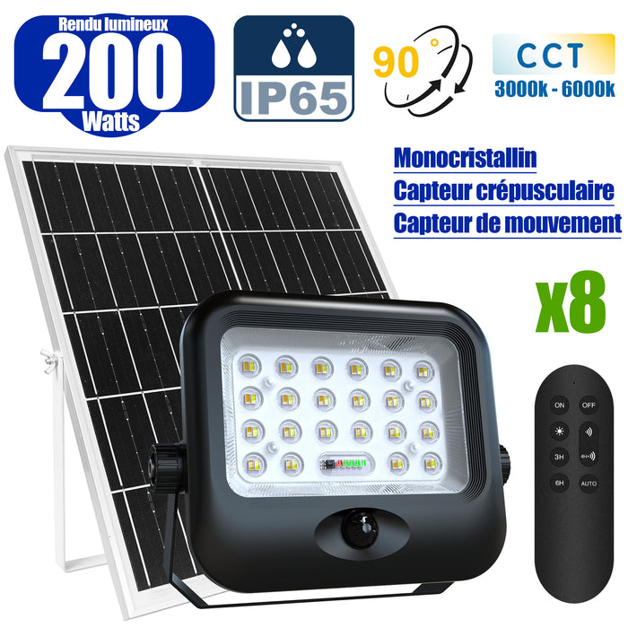 Pack de 8x Projecteurs LED solaires - Série SECURITY V4 - CCT - Rendu lumineux 200 Watts - 1600 Lumens - Angle 90° - IP65 - Lampe 23 x 18 x 5 cm - Panneau MONOCRISTALLIN FULL BLACK 27 x 18 x 2 cm - Avec détecteur de mouvement - Avec télécommande