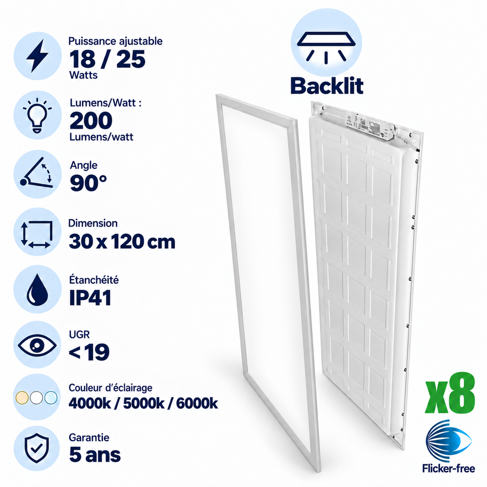 Pack de 8x Dalles LED - Dernière génération - BACKLIT - 30 x 120 cm - Série AMBITION L200 – Puissance AJUSTABLE - 5000 Lumens - 200 Lumens/Watt - 90° - IP41 - UGR <19 - 4000k/5000k/6000k - Transformateur SHARPLUMI FLICKER FREE - Garantie 5 ans&nbsp;