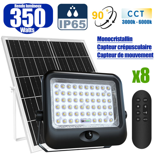 Pack de 8x Projecteurs LED solaires - Série SECURITY V4 - CCT - Rendu lumineux 350 Watts - 3200 Lumens - Angle 90° - IP65 - Lampe 28 x 22 x 5 cm - Panneau MONOCRISTALLIN FULL BLACK 35 x 24 x 2 cm - Avec détecteur de mouvement - Avec télécommande