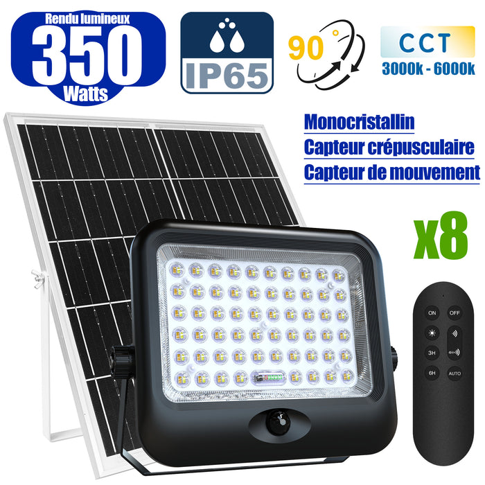 Pack de 8x Projecteurs LED solaires - Série SECURITY V4 - CCT - Rendu lumineux 350 Watts - 3200 Lumens - Angle 90° - IP65 - Lampe 28 x 22 x 5 cm - Panneau MONOCRISTALLIN FULL BLACK 35 x 24 x 2 cm - Avec détecteur de mouvement - Avec télécommande