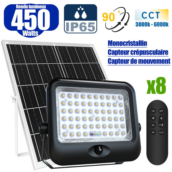 Pack de 8x Projecteurs LED solaires - Série SECURITY V4 - CCT - Rendu lumineux 450 Watts - 4800 Lumens - Angle 90° - IP65 - Lampe 28 x 22 x 5 cm - Panneau MONOCRISTALLIN FULL BLACK 35 x 35 x 2 cm - Avec détecteur de mouvement - Avec télécommande