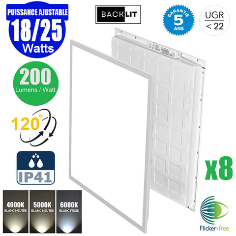 Pack de 8x Dalles LED - Dernière génération - BACKLIT - 60 x 60 cm - Série AMBITION L200 – Puissance AJUSTABLE 18/25 Watts - 5000 Lumens - 200 Lumens/Watt - 120° - IP41 - UGR <22 - 4000k/5000k/6000k - Transformateur SHARPLUMI FLICKER FREE - Garantie 5 ans