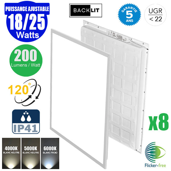 Pack de 8x Dalles LED - Dernière génération - BACKLIT - 60 x 60 cm - Série AMBITION L200 – Puissance AJUSTABLE 18/25 Watts - 5000 Lumens - 200 Lumens/Watt - 120° - IP41 - UGR <22 - 4000k/5000k/6000k - Transformateur SHARPLUMI FLICKER FREE - Garantie 5 ans