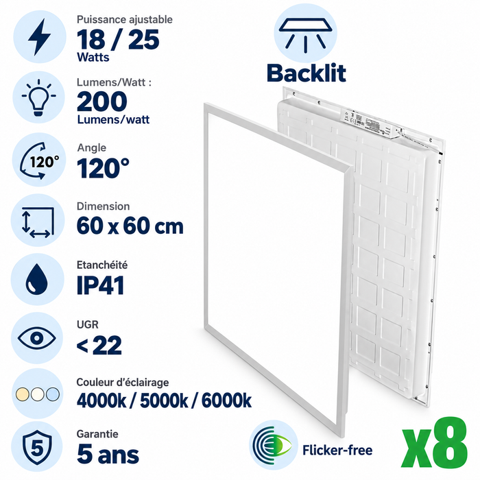 Pack de 8x Dalles LED - Dernière génération - BACKLIT - 60 x 60 cm - Série AMBITION L200 – Puissance AJUSTABLE 18/25 Watts - 5000 Lumens - 200 Lumens/Watt - 120° - IP41 - UGR <22 - 4000k/5000k/6000k - Transformateur SHARPLUMI FLICKER FREE - Garantie 5 ans
