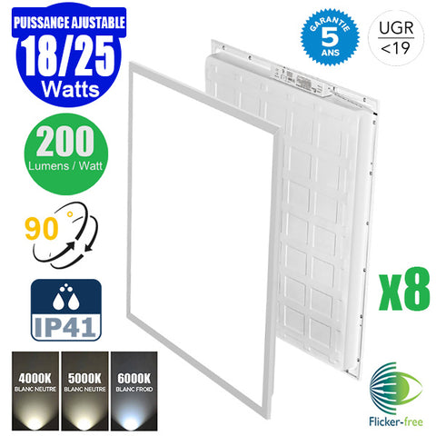 Pack de 8x Dalles LED - Dernière génération - BACKLIT - 60 x 60 cm - Série AMBITION L200 – Puissance AJUSTABLE 18/25 Watts - 5000 Lumens - 200 Lumens/Watt - 90° - IP41 - UGR <19 - 4000k/5000k/6000k - Transformateur SHARPLUMI FLICKER FREE - Garantie 5 ans