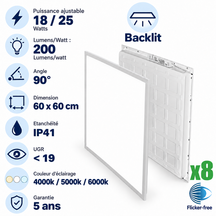 Pack de 8x Dalles LED - Dernière génération - BACKLIT - 60 x 60 cm - Série AMBITION L200 – Puissance AJUSTABLE 18/25 Watts - 5000 Lumens - 200 Lumens/Watt - 90° - IP41 - UGR <19 - 4000k/5000k/6000k - Transformateur SHARPLUMI FLICKER FREE - Garantie 5 ans