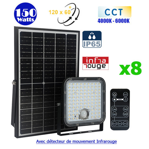 Pack de 8x Projecteurs LED solaires CCT (Couleur Changeante en Température) - Série SECURITY V1 - Rendu lumineux 150 Watts - 1500 lumens - Angle 120° x 60° - Lampe 14 x 15 x 3 cm - Panneau solaire monocristallin - Détecteur Infrarouge