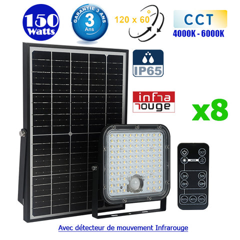 Pack de 8x Projecteurs LED solaires CCT (Couleur Changeante en Température) - Série SECURITY V1 - Rendu lumineux 150 Watts - 1500 lumens - Angle 120° x 60° - Lampe 14 x 15 x 3 cm - Panneau solaire monocristallin - Détecteur Infrarouge