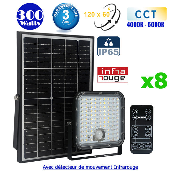 Pack de 8x Projecteurs LED solaires CCT (Couleur Changeante en Température) - Série SECURITY V1 - Rendu lumineux 300 Watts - 4800 lumens - Angle 120° x 60° - Lampe 20 x 19 x 5 cm - Panneau solaire monocristallin - Détecteur Infrarouge