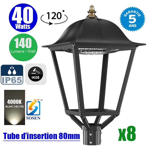 Pack de 8x Lampes de jardin filaires - Série OVALI RETRO - 40 Watts - 5600 Lumens - 140 Lumens/Watt - IK08 - IP65 - 120° – 4000k - Transformateur SOSEN - Tube d’insertion 80 mm - 70 x 40 x 40 cm - Avec couvercle anti-éblouissement -  Garantie 5 ans