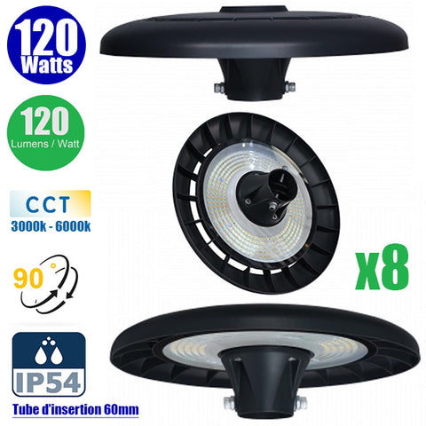 Pack de 8x Lampes jardin / Parking - Filaire - CCT (Couleur Changeante en Température) - Série OVALI UFO - 120 Watts - 14 400 Lumens - 120 Lumens/Watt - Angle 90° - IP54 -  38 x 12 cm - Structure en Aluminium - Tube d'insertion 60mm