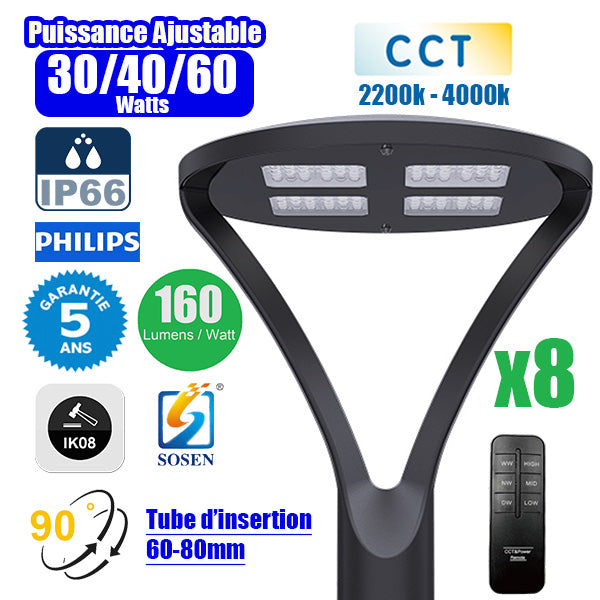 Pack de 8x Lampes de jardin filaires - OVALI ULTRA CCT - Puissance ajustable 30 / 40 / 60 Watts - Jusqu'à 9600 Lumens - 160 Lumens/Watt - IK08 - IP66 - Angle 90° - Tube d’insertion 60 / 80mm - Transformateur SOSEN - 54 x 42 x 42 cm - Garantie 5 ans