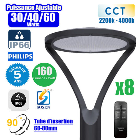 Pack de 8x Lampes de jardin filaires - OVALI ULTRA CCT - Puissance ajustable 30 / 40 / 60 Watts - Jusqu'à 9600 Lumens - 160 Lumens/Watt - IK08 - IP66 - Angle 90° - Tube d’insertion 60 / 80mm - Transformateur SOSEN - 54 x 42 x 42 cm - Garantie 5 ans