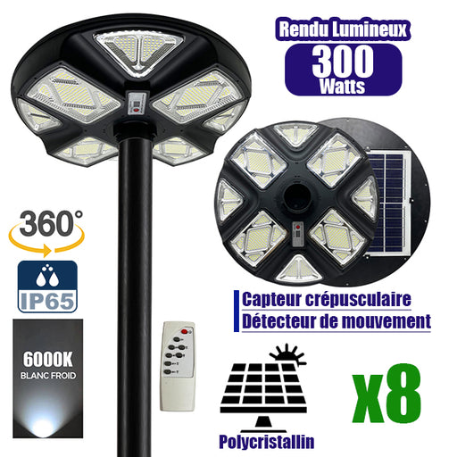 Pack de 8x Lampes solaires pour extérieur - Série OVNI CRYSTAL V2 -  300 Watts - 1900 Lumens - Angle 360° - IP65 - Lampe 55 x 55 cm - Panneau polycristallin 42 x 35 cm - Tube d'insertion 60/76 mm - Détecteur de mouvement - Télécommande - 6000k