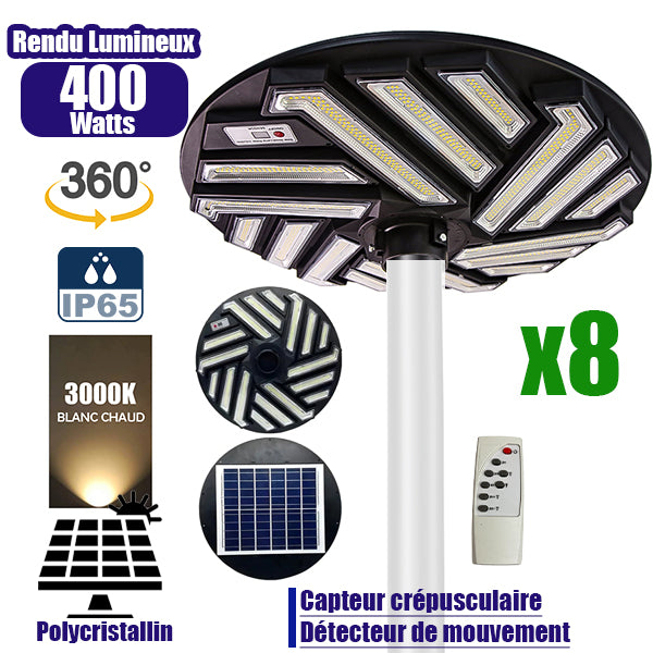 Pack de 8x Lampes solaires pour extérieur - Série OVNI EMERAUDE -  400 Watts - 2300 Lumens - Angle 360° - IP65 - Lampe 61 x 61 cm - Panneau polycristallin 48 x 35 cm - Tube d'insertion 60/76 mm - Détecteur de mouvement - Télécommande - 3000k