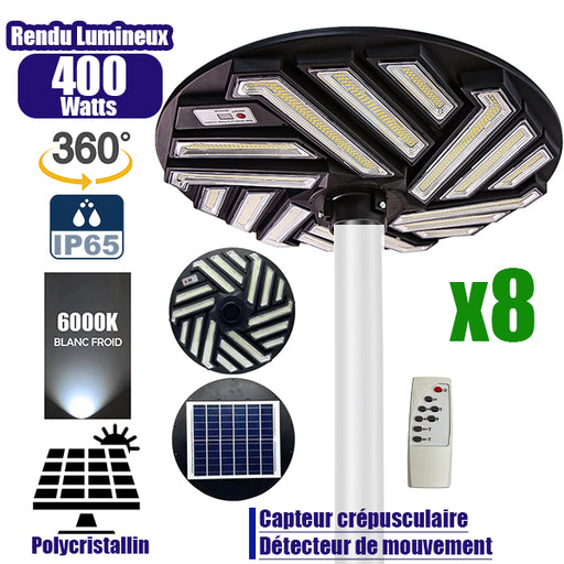 Pack de 8x Lampes solaires pour extérieur - Série OVNI EMERAUDE -  400 Watts - 2300 Lumens - Angle 360° - IP65 - Lampe 61 x 61 cm - Panneau polycristallin 48 x 35 cm - Tube d'insertion 60/76 mm - Détecteur de mouvement - Télécommande - 6000k