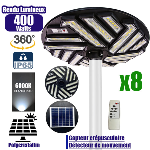 Pack de 8x Lampes solaires pour extérieur - Série OVNI EMERAUDE -  400 Watts - 2300 Lumens - Angle 360° - IP65 - Lampe 61 x 61 cm - Panneau polycristallin 48 x 35 cm - Tube d'insertion 60/76 mm - Détecteur de mouvement - Télécommande - 6000k
