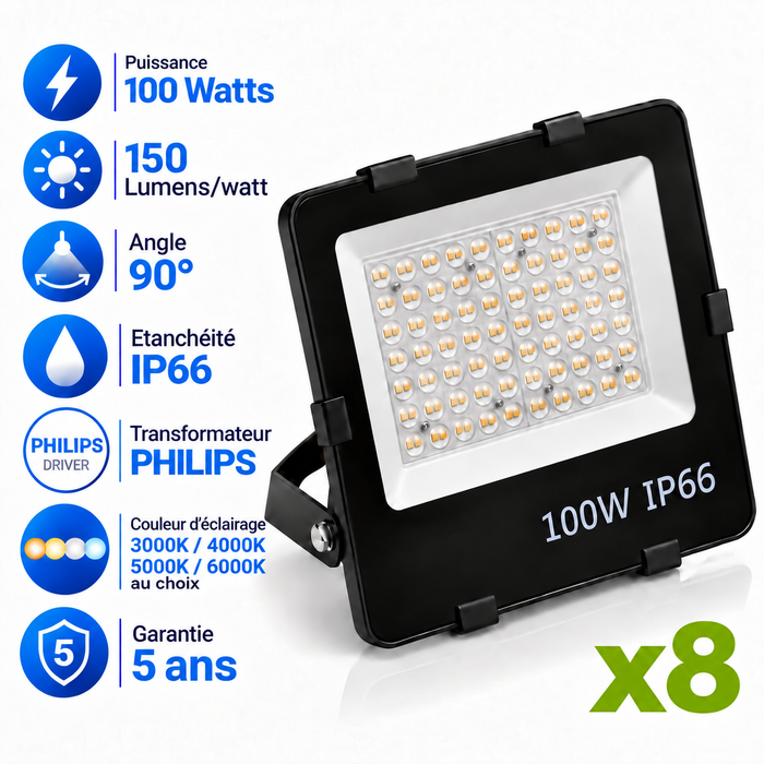 Pack de 8x Projecteurs LED Filaires - Série PAD V2 - 100 Watts - 15 000 Lumens - 150 Lumens/Watt - Angle 90° - IP66 - 29 x 28 x 5 cm - Transformateur Philips - 3000k/4000k/5000k/6000k au choix - Garantie 5 ans