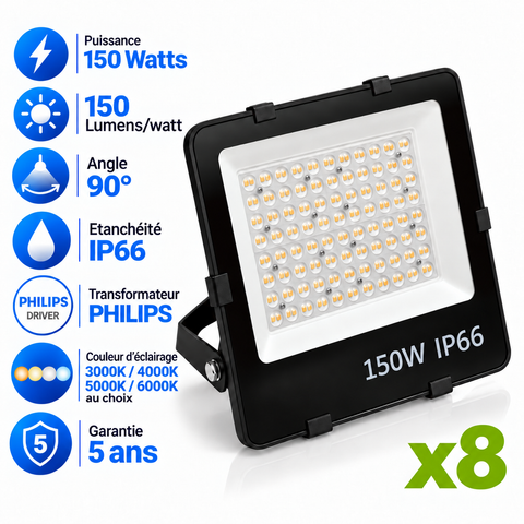 Pack de 8x Projecteurs LED Filaires - Série PAD V2 - 150 Watts - 22 500 Lumens - 150 Lumens/Watt - Angle 90° - IP66 - 33 x 32 x 6 cm - Transformateur Philips - 3000k/4000k/5000k/6000k au choix - Garantie 5 ans