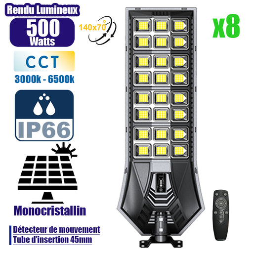 Pack de 8x Lampadaires solaires de rue / parking - Série POWER ULTRA V2 CCT (Couleur Changeante en Température) - 500 Watts - 2400 Lumens - Angle 140*70° - IP66 - 69 x 27 x 7 cm - Télécommande - Détecteur de mouvement - Tube d’insertion 45 mm