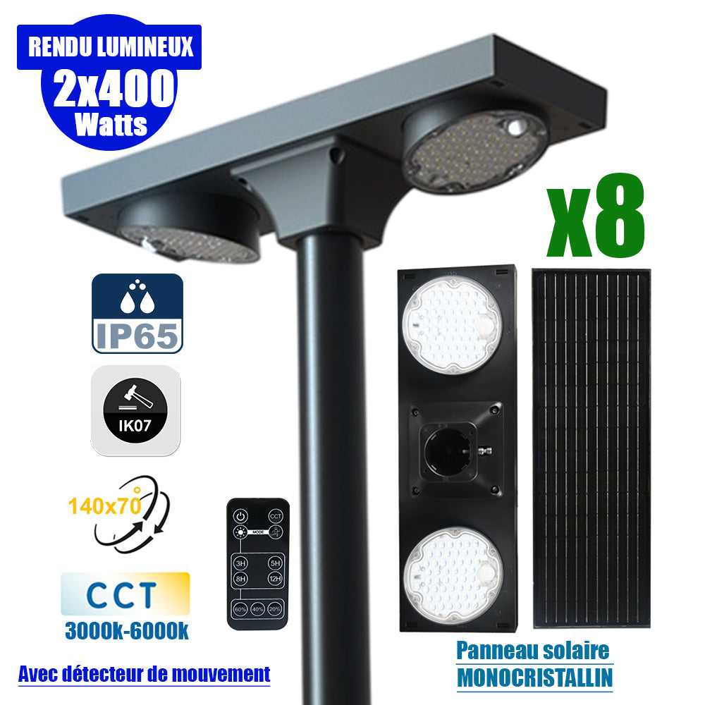 Pack de 8x Lampadaires solaires pour extérieur - CCT - Série OVNI SATELLITE V2 - 2 x 400 Watts - 4800 Lumens - Angle 140 x 70° - IP65 - IK07 - 61 x 20 x 13 cm - MONOCRISTALLIN - Tube d’insertion 60mm - Rotative à 350° - Détecteur de mouvement