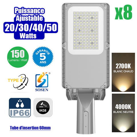 Pack de 8x Lampadaires LED Filaires - Série METTA - Puissance Ajustable 20/30/40/50 Watts - Jusqu'à 7500 Lumens - 150 Lumens/Watt - Angle TPII - IP66 - IK08 - 52 x 19 x 10 cm - 2700K/4000K - Transformateur SOSEN - Tube d'insertion 60mm - Garantie 5 ans