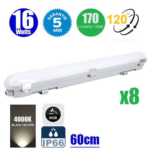 Pack de 8x Réglettes LED Étanches - Série ALR - 60CM - 16 Watts - 2700 Lumens - 170 Lumens/Watt - Angle 120° - IP66 - Protection à l'impact IK08 - 66 x 7 x 7 cm - 4000K - Garantie 5 ans