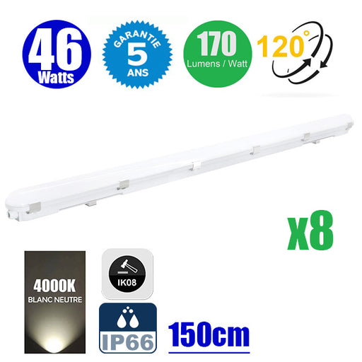 Pack de 8x Réglettes LED Étanches  - Série ALR - 150CM - 46 Watts - 7800 Lumens - 170 Lumens/Watt - Angle 120° - IP66 - Protection à l'impact IK08 - 1465 x 7 x 7 cm - 4000K - Garantie 5 ans