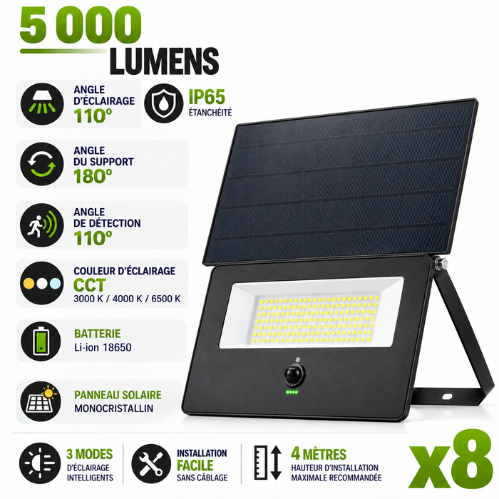 Pack de 8x Projecteurs LED solaires détecteurs - Série SOFT V3 - 5000 Lumens - CCT - IP65 - 33 x 23 x 6 cm  - Panneau solaire 32 x 18 cm - Avec détecteur de mouvement - Capteur crépusculaire - Télécommande - 3 Modes d'éclairage