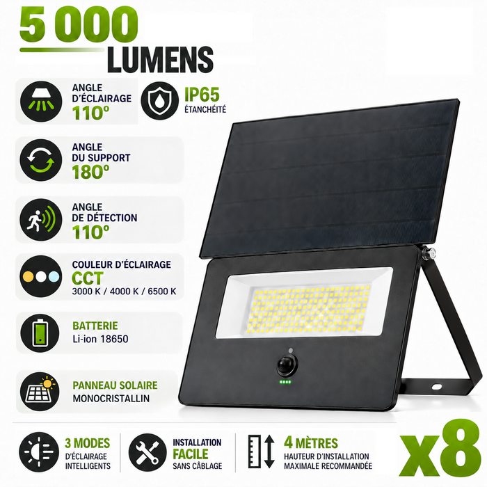 Pack de 8x Projecteurs LED solaires détecteurs - Série SOFT V3 - 5000 Lumens - CCT - IP65 - 33 x 23 x 6 cm  - Panneau solaire 32 x 18 cm - Avec détecteur de mouvement - Capteur crépusculaire - Télécommande - 3 Modes d'éclairage