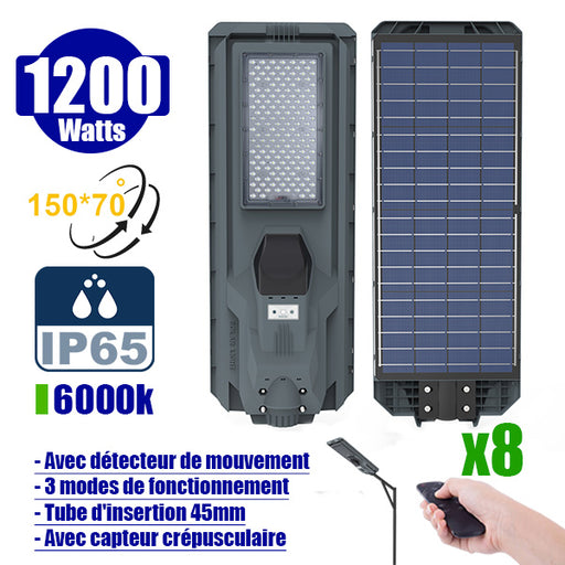 Pack de 8x Lampes de rue solaire - Série STARSHIP - Rendu lumineux 1200 Watts - 3600 Lumens - Couleur 6000K - Angle 150x70° - IP65 - Dimensions 82 x 30 x 8 cm - Tube d'insertion 45mm - Avec détecteur de mouvement - Télécommande - 3 modes de fonctionnement