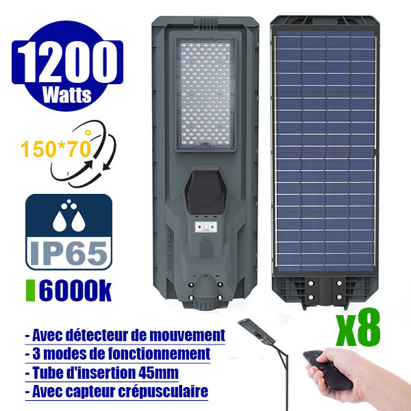 Pack de 8x Lampes de rue solaire - Série STARSHIP - Rendu lumineux 1200 Watts - 3600 Lumens - Couleur 6000K - Angle 150x70° - IP65 - Dimensions 82 x 30 x 8 cm - Tube d'insertion 45mm - Avec détecteur de mouvement - Télécommande - 3 modes de fonctionnement
