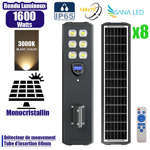 Pack de 8x Lampes de rue solaires - Série STARSHIP ULTRA BLACK - 1600 Watts - 4400 Lumens - 3000k - Angle 140*70° - IP65 - Structure aluminium - Dimensions 98 x 22 x 8 cm - Tube 60mm - Contrôle intelligent - Détecteur de mouvement - Télécommande