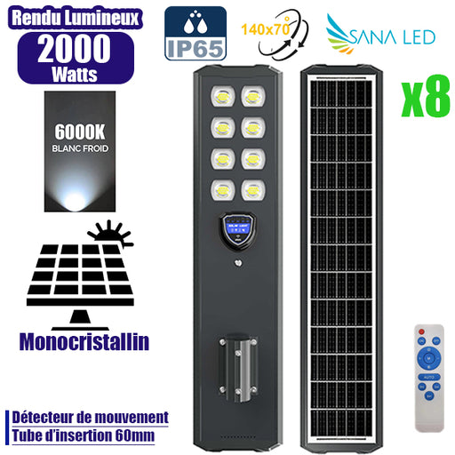 Pack de 8x Lampes de rue solaires - Série STARSHIP ULTRA BLACK - 2000 Watts - 5000 Lumens - 6000k - Angle 140*70° - IP65 - Structure aluminium - Dimensions 108 x 22 x 8 cm - Tube 60mm - Contrôle intelligent - Détecteur de mouvement - Télécommande