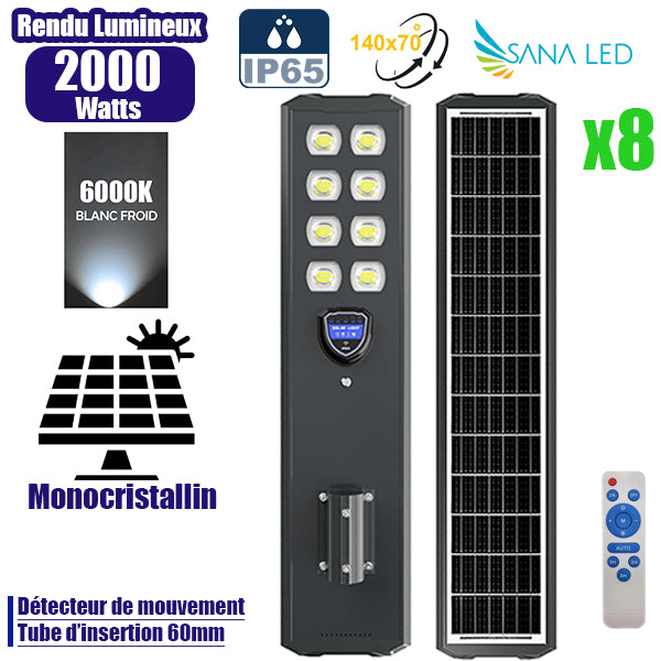 Pack de 8x Lampes de rue solaires - Série STARSHIP ULTRA BLACK - 2000 Watts - 5000 Lumens - 6000k - Angle 140*70° - IP65 - Structure aluminium - Dimensions 108 x 22 x 8 cm - Tube 60mm - Contrôle intelligent - Détecteur de mouvement - Télécommande