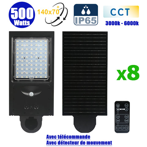 Pack de 8x Lampes de rue et parking Solaires - Série STREET EVO V2 – Rendu lumineux 500 Watts - 4800 Lumens - CCT - 140x70° - Télécommande - Détecteur de mouvement - Diamètre d’insertion 60 mm - 52 x 23 x 10 cm – Installation sur mât et murale