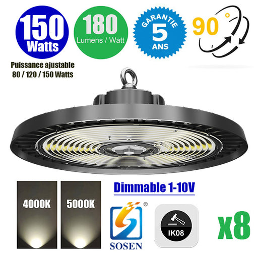 Pack de 8x Lampes industrielles UFO - Série SWITCH - Puissance ajustable 150 Watts (80/120/150watts) - 27 000 Lumens - 180 Lumens/Watt - Angle 90° - IP65 - IK08 - 4000k/5000k - 36 x 36 x 15 cm - Transformateur SOSEN - Dimmable 1-10V - Garantie 5 ans