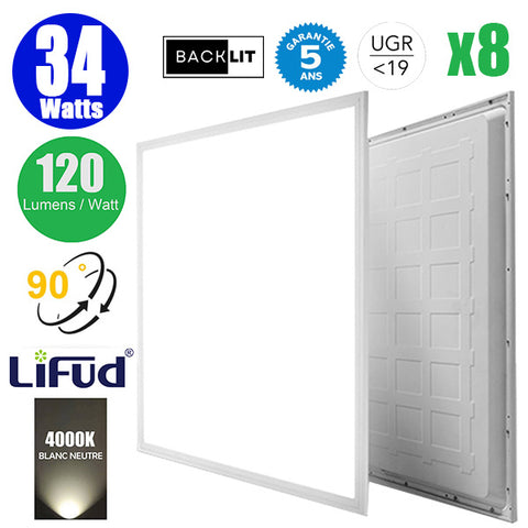 Pack de 8x Dalles LED - Dernière génération - BACKLIT - 60 x 60 cm - Série AMBITION V2 – Puissance 34 Watts - 4080 Lumens - 120 Lumens/Watt - Angle 90° - IP20 - IK02 - Transformateur LIFUD - UGR <19 - 4000K - Garantie 5 ans