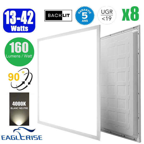 Pack de 8x Dalles LED - Dernière génération - BACKLIT - 60 x 60 cm - Série AMBITION V2 – Puissance ajustable 13 à 42 Watts - Jusqu'à 6700 Lumens - 160 Lumens/Watt - Angle 90° - IP20 - IK02 - Transformateur EAGLERISE - UGR <19 - 4000K - Garantie 5 ans