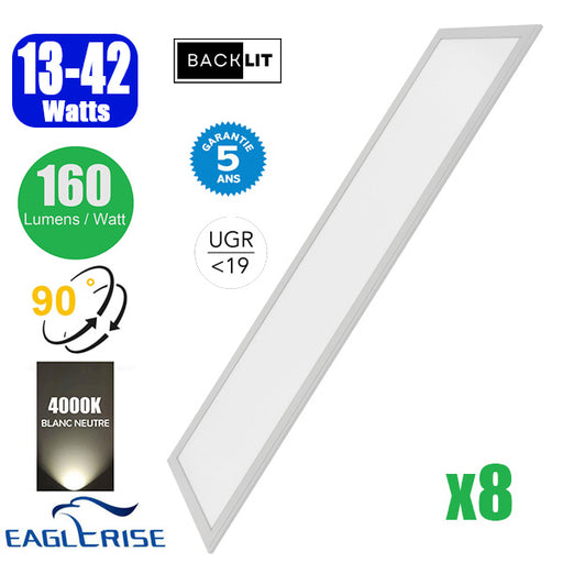 Pack de 8x Dalles LED - Dernière génération - BACKLIT - 30 x 120 cm - Série AMBITION V2 – Puissance ajustable 13 à 42 Watts - Jusqu'à 6700 Lumens - 160 Lumens/Watt - Angle 90° - IP20 - IK02 - Transformateur EAGLERISE - UGR <19 - 4000K - Garantie 5 ans