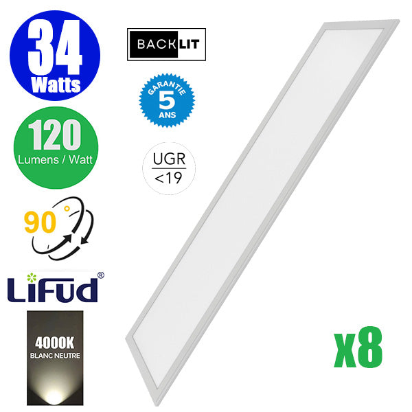 Pack de 8x Dalles LED - Dernière génération - BACKLIT - 30 x 120 cm - Série AMBITION V2 – Puissance 34 Watts - 4080 Lumens - 120 Lumens/Watt - Angle 90° - IP20 - IK02 - Transformateur LIFUD - UGR <19 - 4000K - Garantie 5 ans