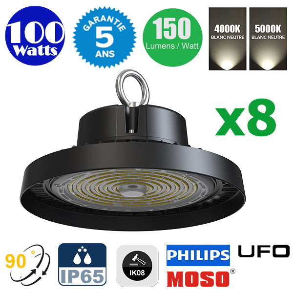 Pack de 8x Lampes industrielles UFO - Série AVENIR - 100 Watts - 15 000 Lumens - 150 Lumens/Watt - Angle 90° - IP65 - IK08 - 26 x 16 cm - Transformateur MOSO - 4000k / 5000k - Garantie 5 ans