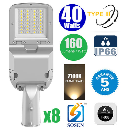Pack de 8x Lampadaires LED Filaires Rotatifs - Série FLEX EVO - 40 Watts - 6400 Lumens - 160 Lumens/Watt - Angle TPIII - IP66 - IK08 - 49 x 17 x 10 cm - 2700k - Transformateur SOSEN - Tube d'insertion 60mm - Garantie 5 ans
