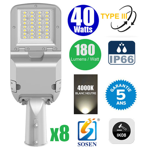 Pack de 8x Lampadaires LED Filaires Rotatifs - Série FLEX EVO - 40 Watts - 7200 Lumens - 180 Lumens/Watt - Angle TPIII - IP66 - IK08 - 49 x 17 x 10 cm - 4000k - Transformateur SOSEN - Tube d'insertion 60mm - Garantie 5 ans